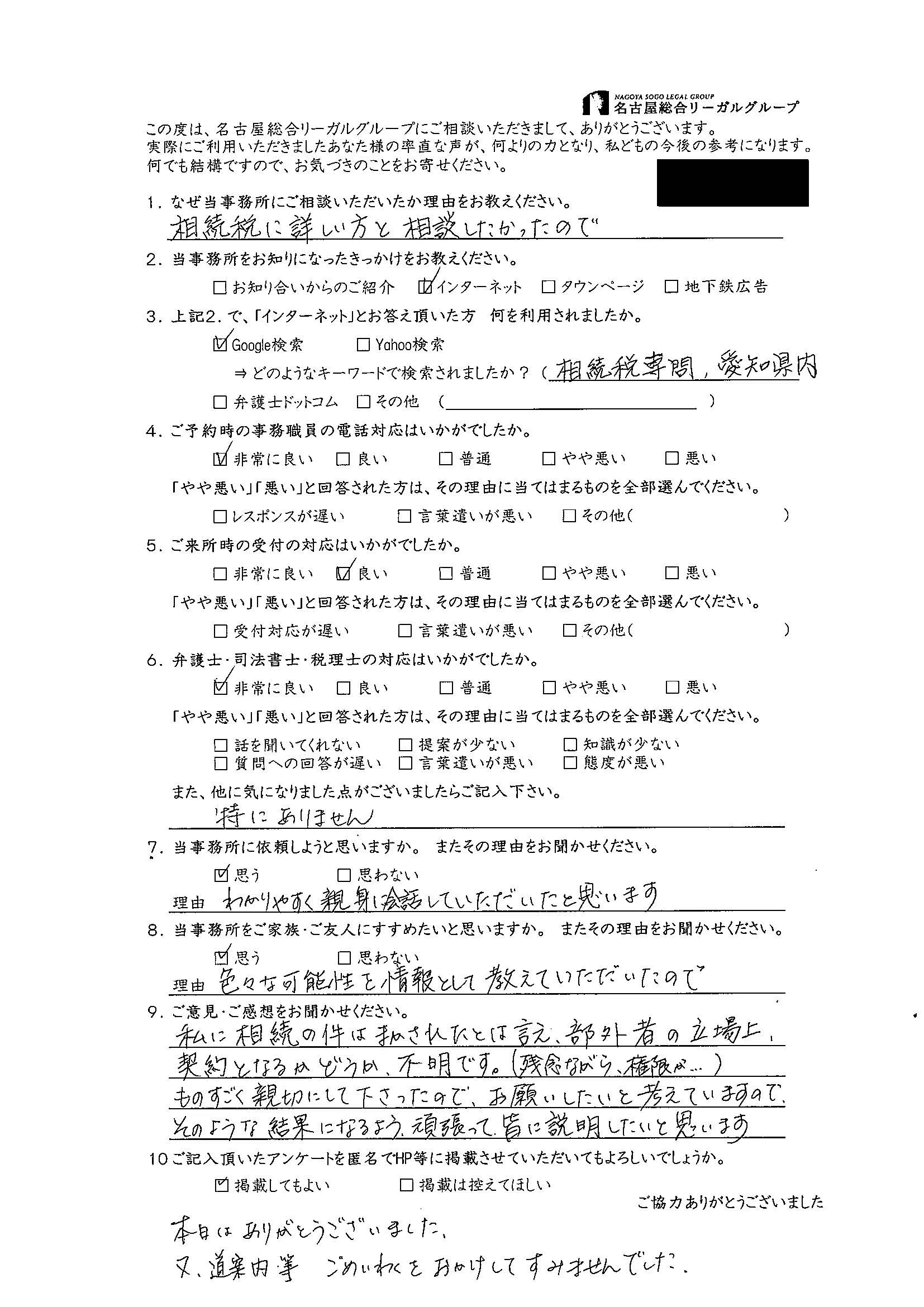 No.62 匿名希望様のお客様の声アンケート