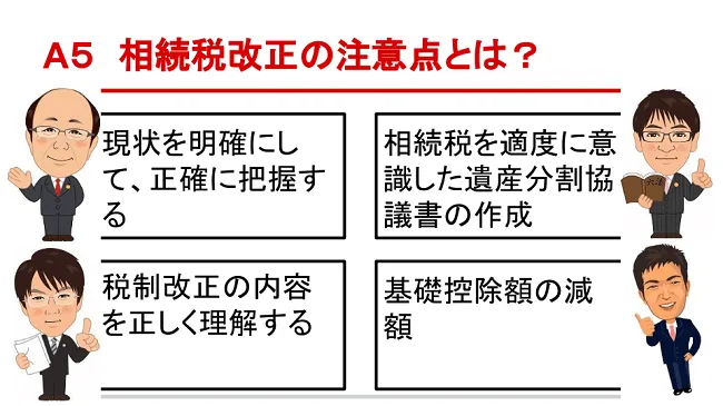 A5 相続税改正の注意点とは？ 現状を明確にして、正確に把握する
- 相続税を適度に意識した遺産分割協議書の作成 - 税制改正の内容を正しく理解する - 基礎控除額の減額